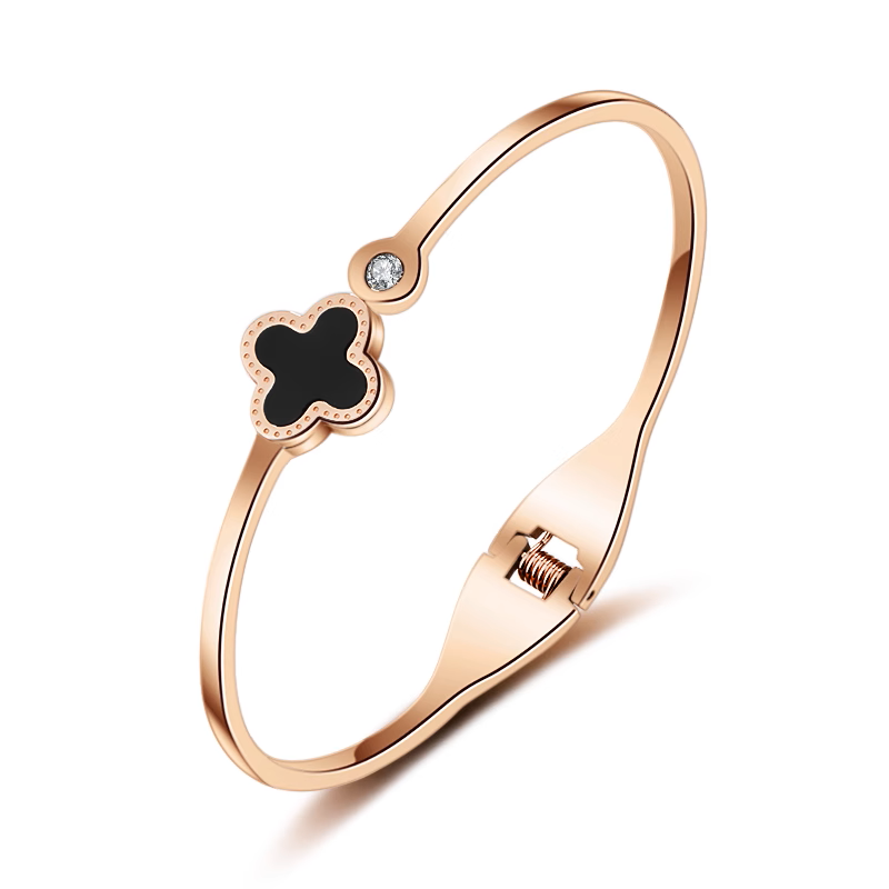 Bracelet trèfle doré rouge avec zircons en acier inoxydable