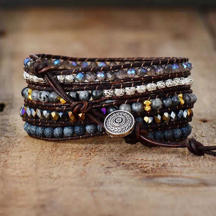 Bracelet Bohème Noire en pierres naturelles et cuir