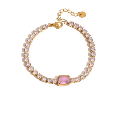 Bracelet tennis Élise doré en acier inoxydable avec pierre rose