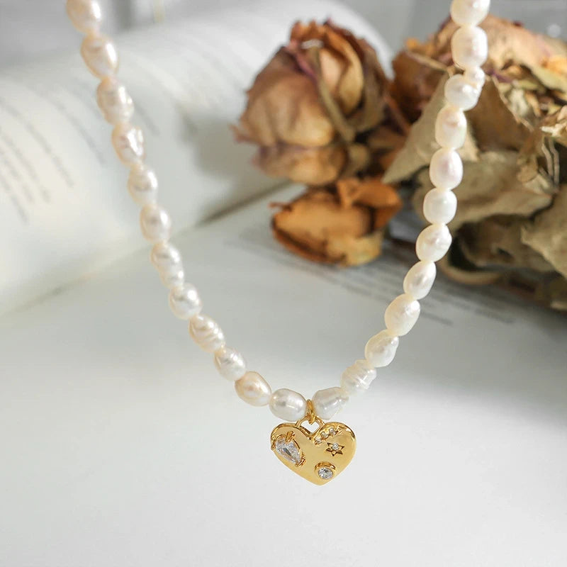 Collier Cœur d'or en perles naturelles