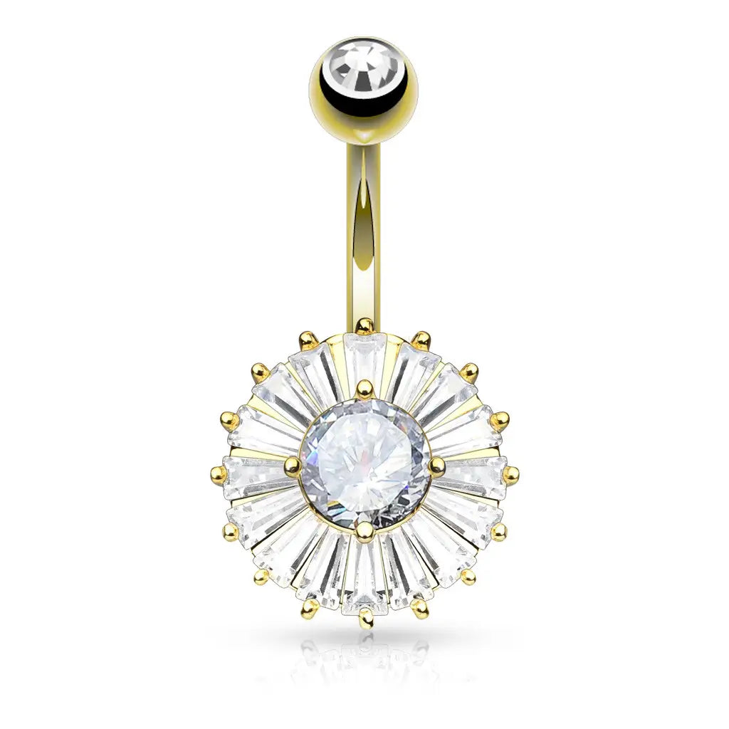 Piercing nombril Solstice en acier inoxydable doré et zircons