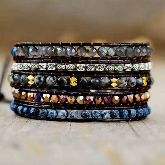 Bracelet Bohème Noire en pierres naturelles et cuir