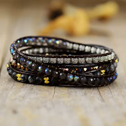 Bracelet Bohème Noire en pierres naturelles et cuir