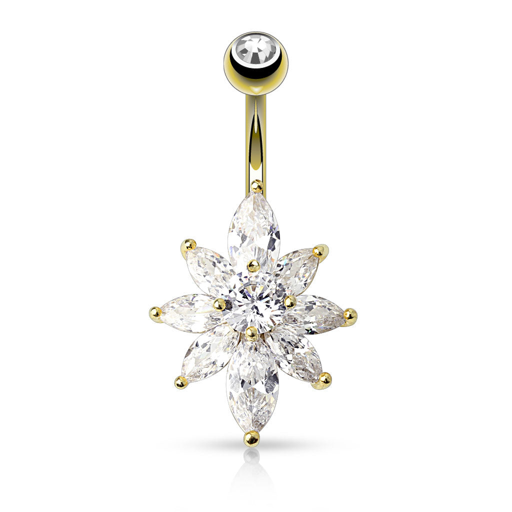 Piercing nombril Solstice en acier inoxydable doré et zircons