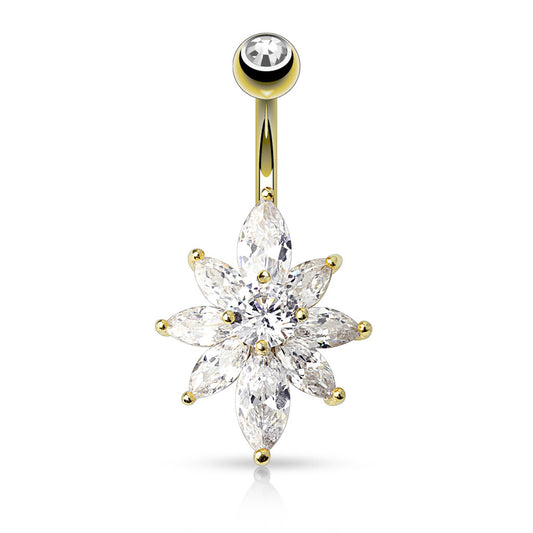 Piercing nombril Solstice en acier inoxydable doré et zircons