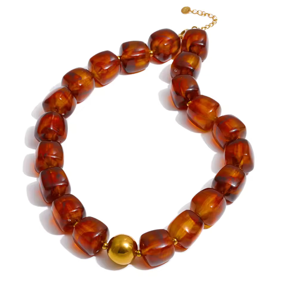 Collier Ambre acrylique et acier inoxydable doré